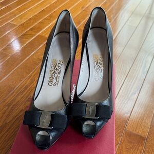 Salvatore Ferragamo Black Peep-Toe Heels with Bow